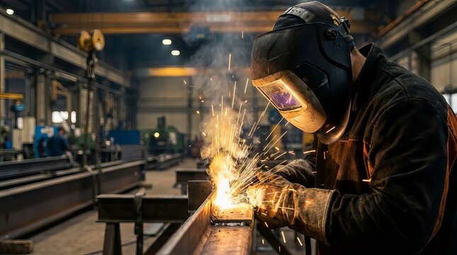 A skilled welder in full protective gear working with precision, bright sparks illuminating the scene inside a large industrial workshop - Powered by Adobe