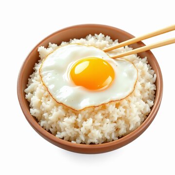 Fried egg served on top of white rice in a brown bowl with wooden chopsticks, isolated on white background