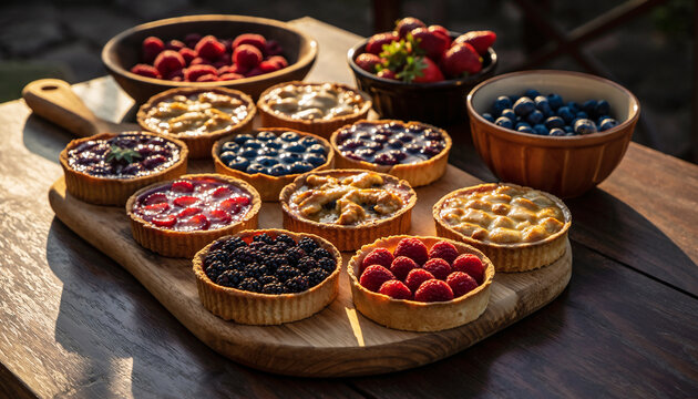 Variety of berry tart pies on wooden board fresh raspberries blueberries strawberries in bowls warm sunlight rustic table delicious dessert inviting and cheerful mood