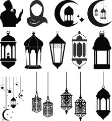 Eid mubarak arab islamic fanous lantern or ramadan lamp silhouettes. Isolated vector ornate lamps, symbol of holiday joy and celebration. They illuminate homes and streets, adding a festive ambiance
