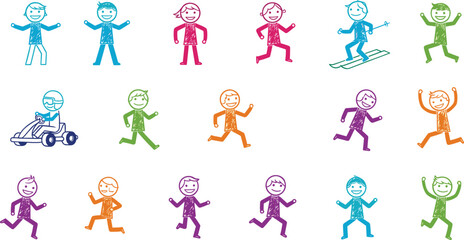 Hand drawn colorful stickman set, funny doodle figures running, jumping, skiing and driving, happy active lifestyle vector illustration.