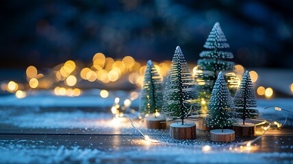 Miniature christmas trees dusted with snow and illuminated by warm bokeh fairy lights on a wooden surface