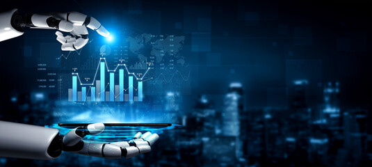 A futuristic robotic hand holds a smartphone, showcasing vibrant digital graphs and analytics. This image captures the essence of technology and innovation in a modern city. Scalp