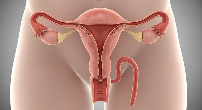 Female Reproductive System Showing Uterus Fallopian Tubes and Ovaries in Detailed Anatomical Illustration for Medical Education and Healthcare Concepts with White Background
