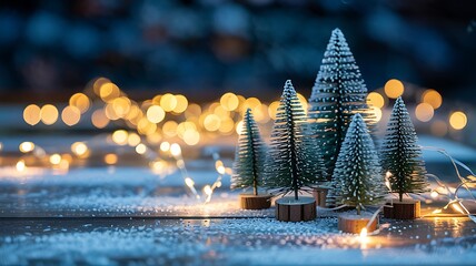 Miniature christmas trees dusted with snow and illuminated by warm bokeh fairy lights on a wooden surface