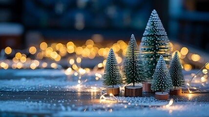 Miniature christmas trees adorned with twinkling fairy lights on a snowy wooden surface with bokeh background