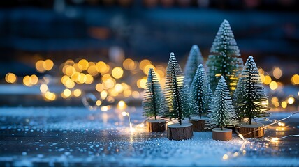 Miniature christmas trees dusted with snow and illuminated by warm bokeh fairy lights creating a magical festive holiday scene