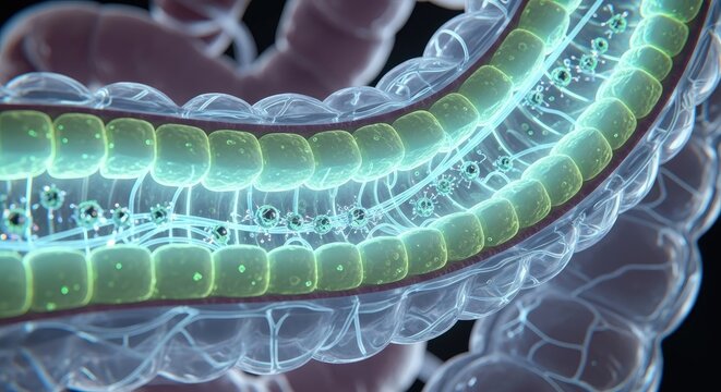 Human Colon with Microscopic View of Gut Flora and Microorganisms as Scientific Illustration of Digestive Health and Microbiome Composition with Cell Structures and Intestinal Wall