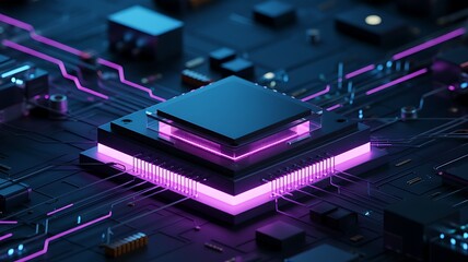 Close up of a futuristic glowing computer processor chip with intricate circuits and neon purple lighting on a dark background