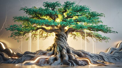 Majestic ancient tree with glowing roots and ethereal lights illuminating a mystical forest landscape