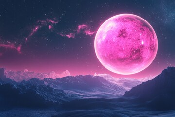 A breathtaking view of a celestial body, its vibrant pink hue contrasting against the dark blue of the night sky, illuminating a landscape of snow-capped mountains under a starry sky.