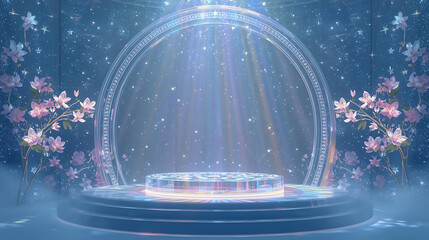 Holographic podium on a spaceship deck with a view of Saturn and a red nebula