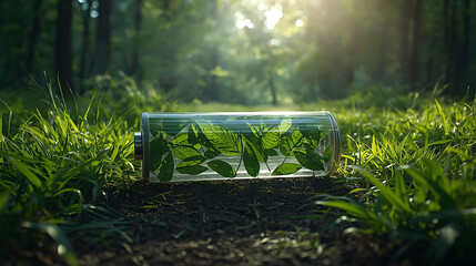 Green patterned battery lying on a forest path in the grass