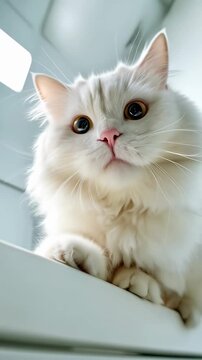 Primer plano de un gato blanco con una expresi&oacute;n sorprendida y ojos brillantes.