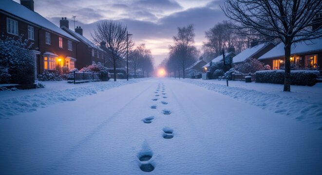 Snowy Street Scene - Footprints in the Snow Leading Towards the Horizon at Dusk.