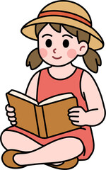 밀짚모자를 쓰고 앉아서 책을 읽는 소녀
