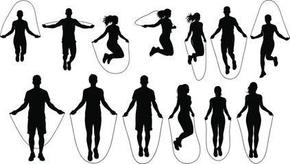 Collection of Jump Rope Silhouettes Vector Set of Men and Women Performing Dynamic Cardio Workouts, Highlighting Fitness, Training, and Active Lifestyle Actions.