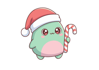 Cute Kawaii Christmas Monster/Character with Santa Hat and Candy Cane