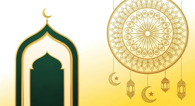 Elegant Islamic greeting background with mosque window mandala and lanterns - Powered by Adobe