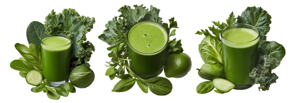 Fresh green smoothie in glass surrounded by lettuce, cucumber, spinach, and apple, isolated on white background