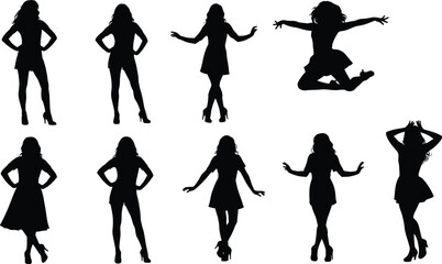 Collection of Beautiful Female Model Silhouettes Vector Set in Various Dynamic and Stylish Poses, Including Jumping, Posing, and Fashionable Standing, Isolated on White.