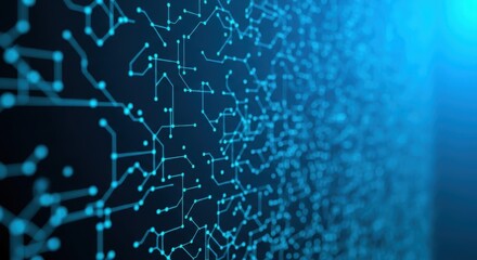 Abstract digital network structure with glowing blue nodes and connecting lines, representing data flow, technology, and artificial intelligence concept on a dark background with depth of field effect