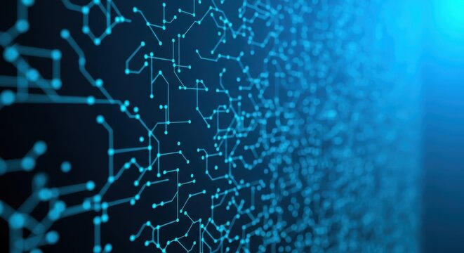 Abstract digital network structure with glowing blue nodes and connecting lines, representing data flow, technology, and artificial intelligence concept on a dark background with depth of field effect