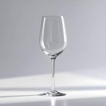 An empty wine glass is presented at a slight angle, showcasing its exquisite curves and brilliant clarity. The glass, with its long stem and classic bowl shape