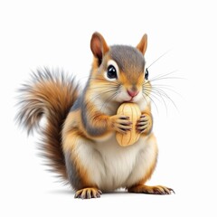 Obraz premium Cute squirrel holding a nut against a pure white background, isolated on white background