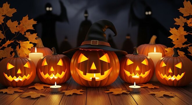 Spooky Halloween pumpkins with candles and ghosts festive autumn decoration - Powered by Adobe