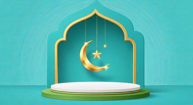 Elegant Islamic themed stage with golden crescent moon and stars