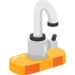 Modern chrome faucet with rounded curves and a matte black handle set on a textured yellow and orange base isolated on a white background detailed isometric view