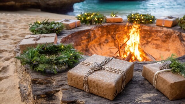 eco friendly Christmas Cozy beach fire pit decorated with gifts and greenery.