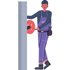 Male worker in purple overalls and blue shirt turns a red valve on a grey pipe illustration with a transparent background