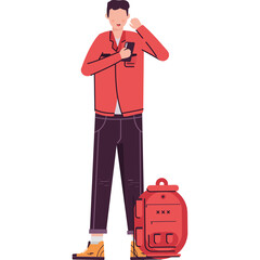 Man in red shirt and dark pants stands next to red backpack looking at his phone with a transparent background