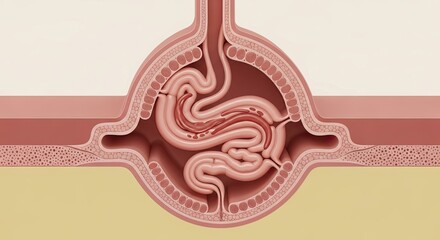 Illustration of Hernia Formation Cross Section Showing Abdominal Wall Protrusion and Tissue Displacement for Educational Medical Purposes in Detailed 3d Rendering on Light Background Precise Detail