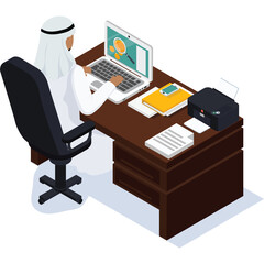 Man in Traditional Arabic Clothing Works at a Desk with a Laptop and Printer in a Digital Art Illustration