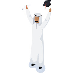 Man in white traditional Arab clothing celebrating graduation holding diploma and throwing cap in the air with a black mortarboard and red tassel in a pixel art style with a transparent background