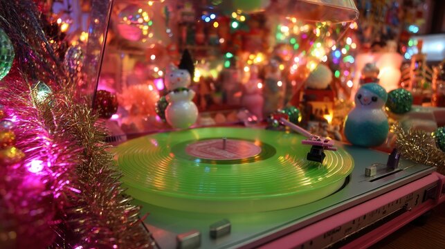 groovy Christmas Vintage turntable surrounded by colorful holiday decorations.