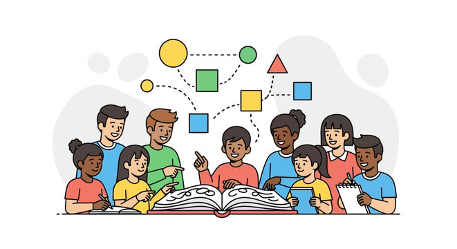 Group of children gathered around a book, with geometric shapes floating above, suggesting learning and collaboration.
