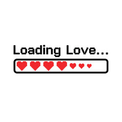 Pixelated loading bar with red hearts vector illustration for Valentines Day representing love in progress typography t shirt design