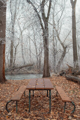 Empty Picnic table in winter park by boise river © Cavan