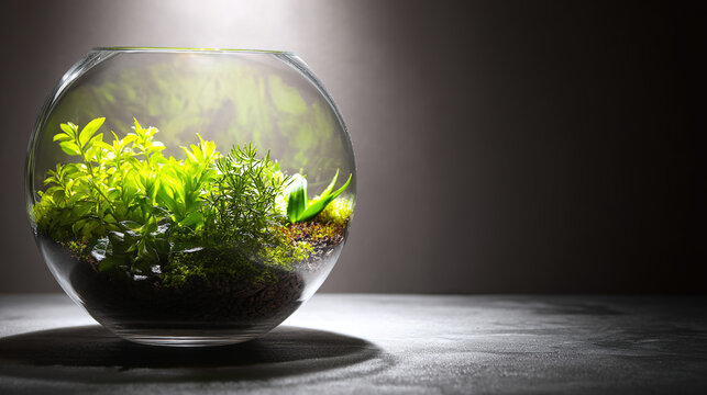 terrarium. A lush globe terrarium with vibrant greenery, showcasing nature in a contained ecosystem. travel magazines, destination branding, designed for outdoor magazines and nature guides.
