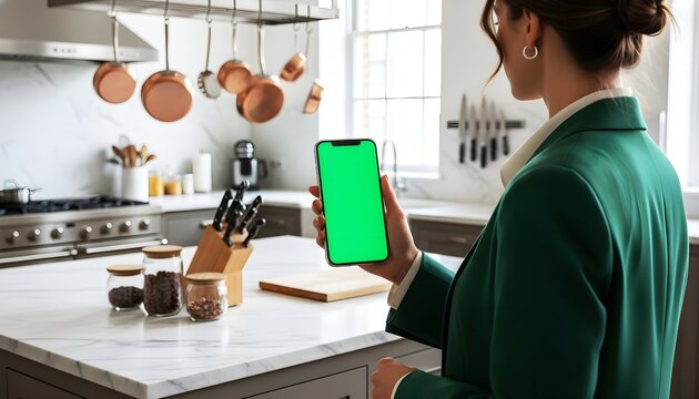Hand holding smartphone with blank green screen chroma key for real estate app and interior design mockup featuring woman in green blazer standing in luxury kitchen with copper pots