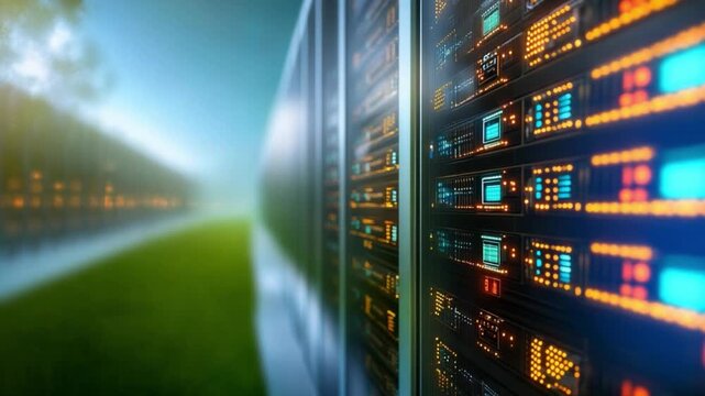Data Fortress: Capturing an ethereal perspective of a futuristic server room, a complex array of advanced data centers pulses with digital life.