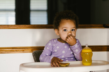 Mixed race toddler sits in highchair with bottle and breakfast