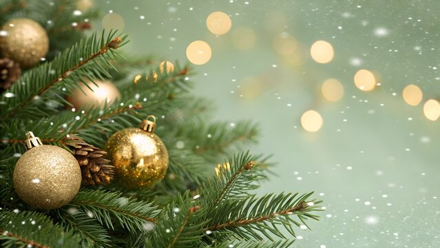 Golden christmas baubles on evergreen tree branch with soft sparkling bokeh winter holiday background