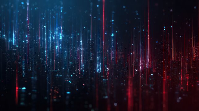 Abstract Digital Data Stream Background with Red and Blue Light Streaks and Glowing Particles - Powered by Adobe