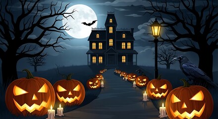 Spooky Halloween Night Scene with Haunted House Pumpkins and Full Moon