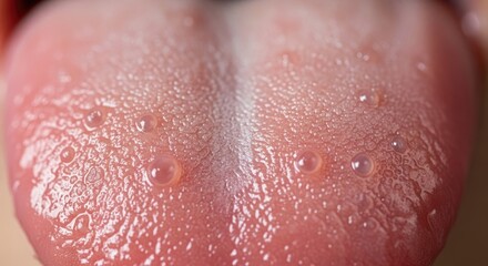Fototapeta premium Close Up Human Tongue Surface With Water Droplets Demonstrating Taste Buds and Papillae Organ Involved in Speech Digestion Sensory Perception Gustatory System Anatomy